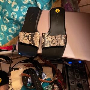 Cole Haan Black and Cream Snakeskin Slide Sandals
